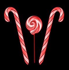 Lollipop and Candy canes on a black background