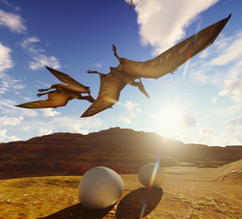 Flying pterodactyl against the beautiful cloudscape 3d illustration © satori