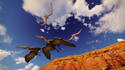 Flying pterodactyl against the beautiful cloudscape 3d illustration © satori