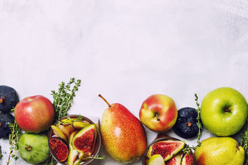 Fruit cocktail with wine and figs on gray background, top view