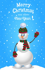 Christmas and new year card with cute cartoon snowman in knitted hat and striped scarf on blue snowy background. Vector illustration, greeting card.