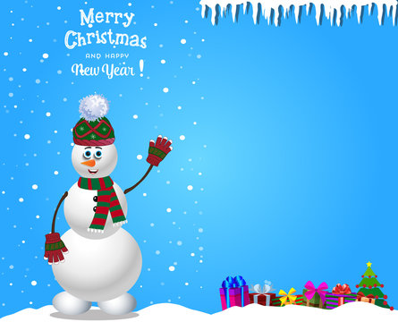 Christmas and new year template with cute cartoon snowman in knitted hat and scard on blue on snowy background with fir tree, gifts and space for text. Vector illustration, template.