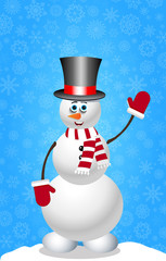 Cute cartoon snowman in sancylinder hat, red mittens and striped scarf on blue snowy background. Vector illustration, clip art, template with space for text.