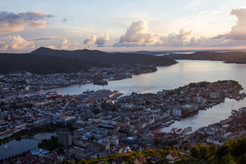 Fototapeta premium White Night of Bergen from view point Floyen, panoramic view, Bergen, Norway at sunset.