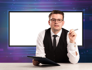 Television program host with big copy screen in his back