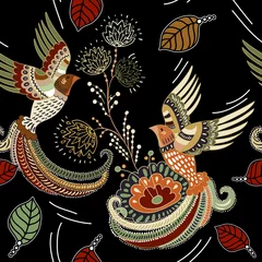 Foto auf Leinwand Vektornahtloses Muster mit Vögeln und Blumen. Bunte Tapeten, fantasievolle Zierpflanzen und Vögel © sunny_lion