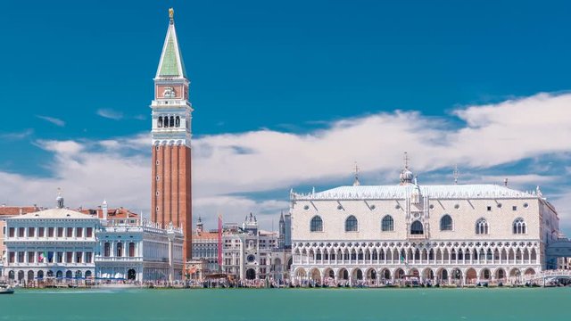View of the Campanile di San Marco and Palazzo Ducale, from San Giorgio Maggiore timelapse, Venice, Italy.
