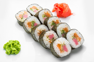 Japanese traditional sushi food and rolls with fresh seafood