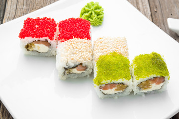 Japanese traditional sushi food and rolls with fresh seafood