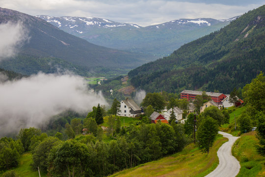 the beautiful view on Naeroydalen valley and peaks on Stalheim, Voss, Norway.