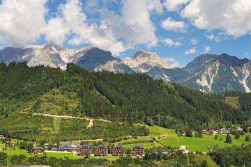 Fototapeta na wymiar Dachstein Mountains over Schladming, Northern Limestone Alps, Austria
