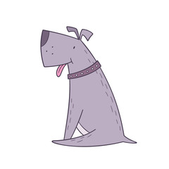 Funny purple dog sitting and sticking out his tongue.