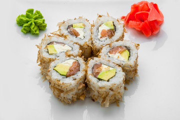 Japanese traditional sushi food and rolls with fresh seafood
