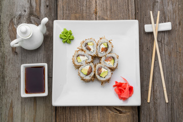 Japanese traditional sushi food and rolls with fresh seafood