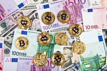 bitcoin coins with euros and dollars