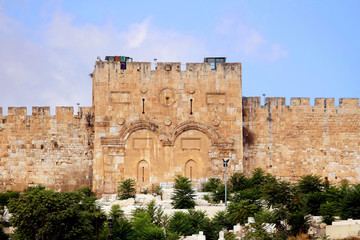 The Golden Gate or Gate of Mercy on the east-side of the Temple Mount of the Old City of Jerusalem,...