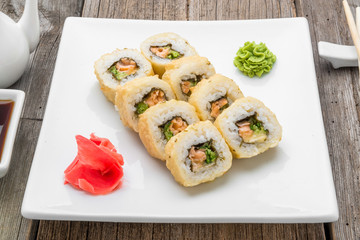 Japanese traditional sushi food and rolls with fresh seafood