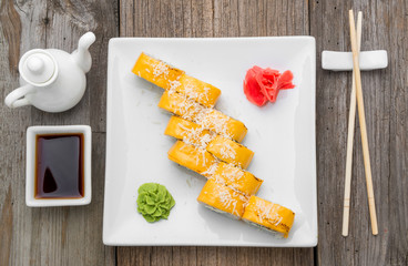 Japanese traditional sushi food and rolls with fresh seafood