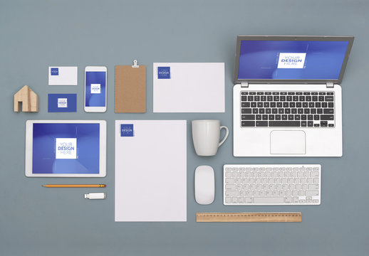Devices, Stationery, Business Cards and Desk Accessories Mockup