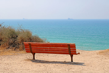 Fototapeta na wymiar Bench overlooking the Mediterranean Sea, Israel