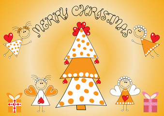 Festive postcard with a wish of a happy Christmas. Christmas angels with a heart in their hands, Christmas tree, gifts. Vector illustration.