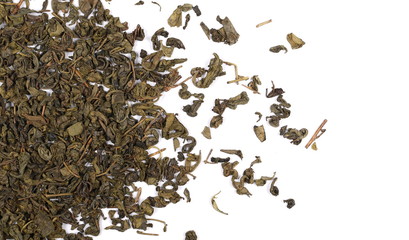 Green tea leaves isolated on white background, top view