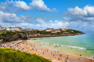 Busy Beach in Newquay in Cornwall UK. 