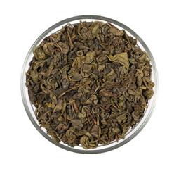 Green tea leaves in glass bowl isolated on white background, top view