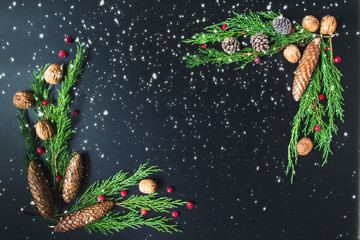 Christmas decorations frame background of fir branches, sosonic cones and cranberries on a black background with copy space forks from above