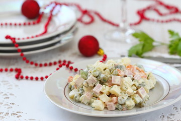 Russian traditional salad Olivier for New Year party