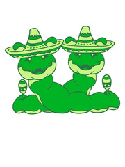 paar team 2 freunde sombrero rassel klapperschlange mexikaner hut mütze musik party feiern schnurrbart mustache schnecke kriechen raupe schlange süß niedlich comic cartoon
