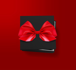Opened black gift box with red bow on red background. Top view. Template for your presentation design, banner, brochure or poster. Vector illustration.
