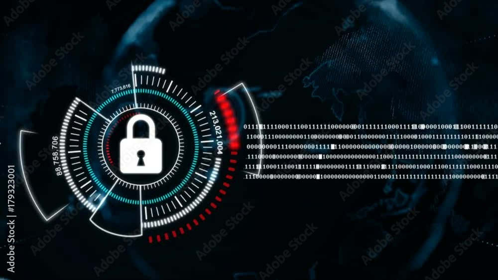 Poster 4k animation globe spin with security lock metaphor cyber futuristic data safe concept