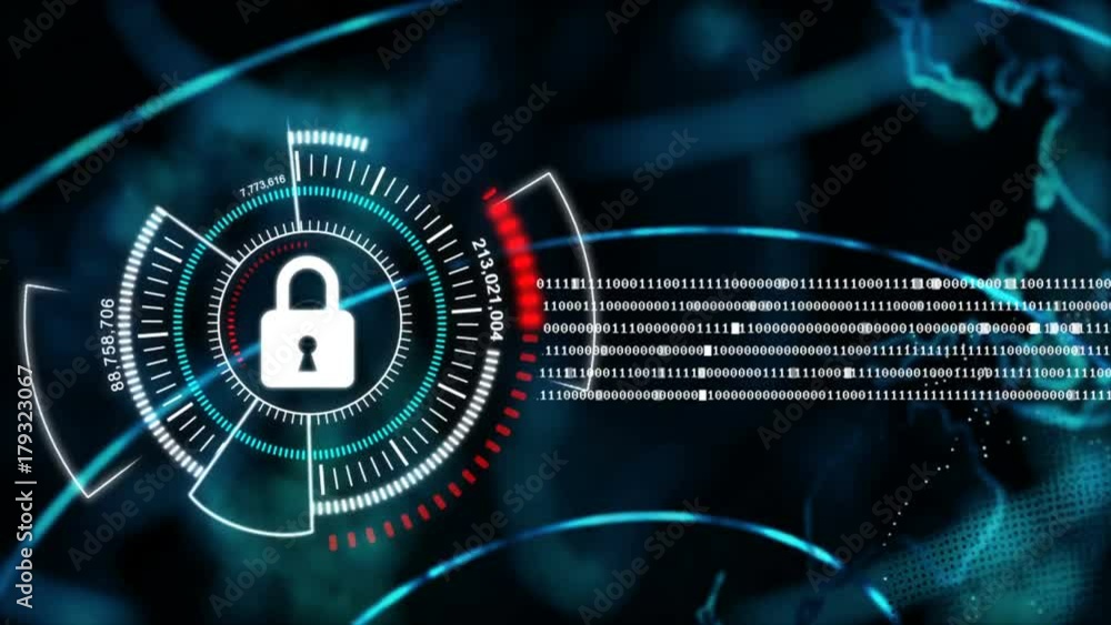 Poster 4k animation globe spin with security lock metaphor cyber futuristic data safe concept