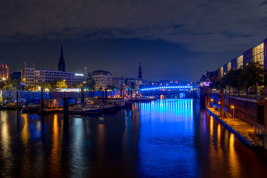 panorama of the harbor of Hamburg at night