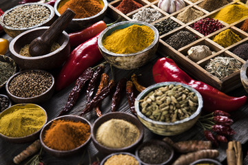 Close-up of different types of Assorted Spices in a wooden box