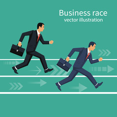 Business race. Businessmen running down track. Competition concept. Winning strategy. Vector illustration flat design. Isolated on background. Running people. Direction to victory.