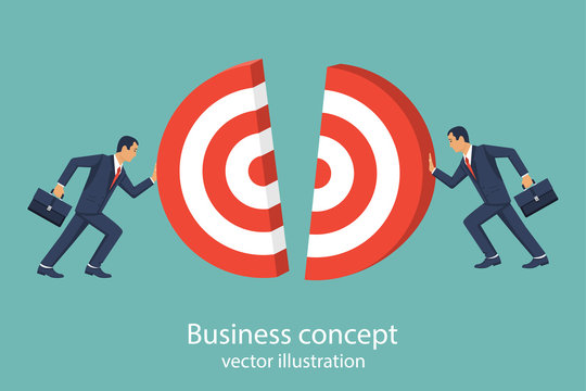 Business concept. Two businessmen pushing target. Team works to reach goal. Vector illustration flat style design. Connecting piece part. Symbol of working together, cooperation, partnership.
