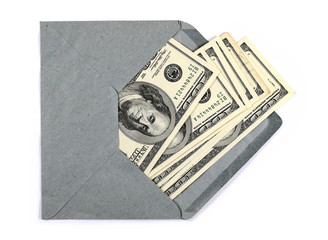 US hundred dollar bills in blue envelope, isolated on white background,
