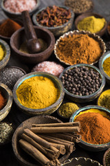 Spices on wooden bowl background 