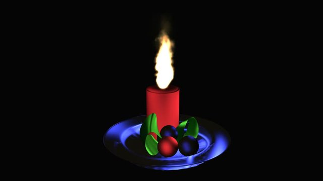 Adventsgesteck mit brennender Kerze auf blauem Glasteller
