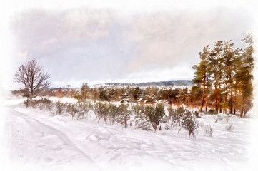 Aqua painting - winter landscape