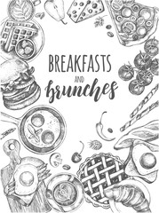 Background with ink hand-drawn food and drinks. Breakfast and brunch elements composition with brush calligraphy style lettering. Vector illustration. Menu, signboard, leaflet design template. - obrazy, fototapety, plakaty