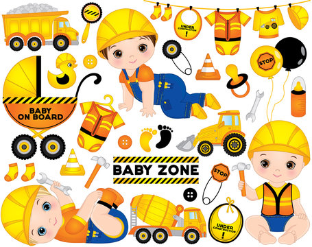 Vector  Set with Cute Boys Dressed as Little Builders, Construction Transport and Accessories