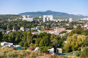 above view of Alushta city in sunny morning