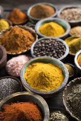 Spices on wooden bowl background 