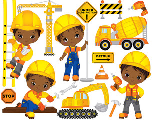 Fototapeta na wymiar Vector Set with Cute African American Boys Dressed as Little Builders and Construction Transport 