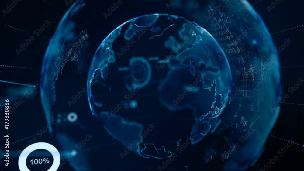 Poster 4k animation globe with dot world map hud and infographic graph bar element spin on dark background