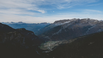 Wide angel view of mountain peaks in French Alps, Sixt-Fer-a-Cheval village in the valley