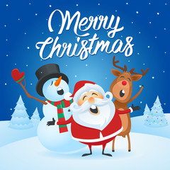 Merry Christmas Vector Illustration. Santa Claus singing with his friends, snowman and reindeer. 
